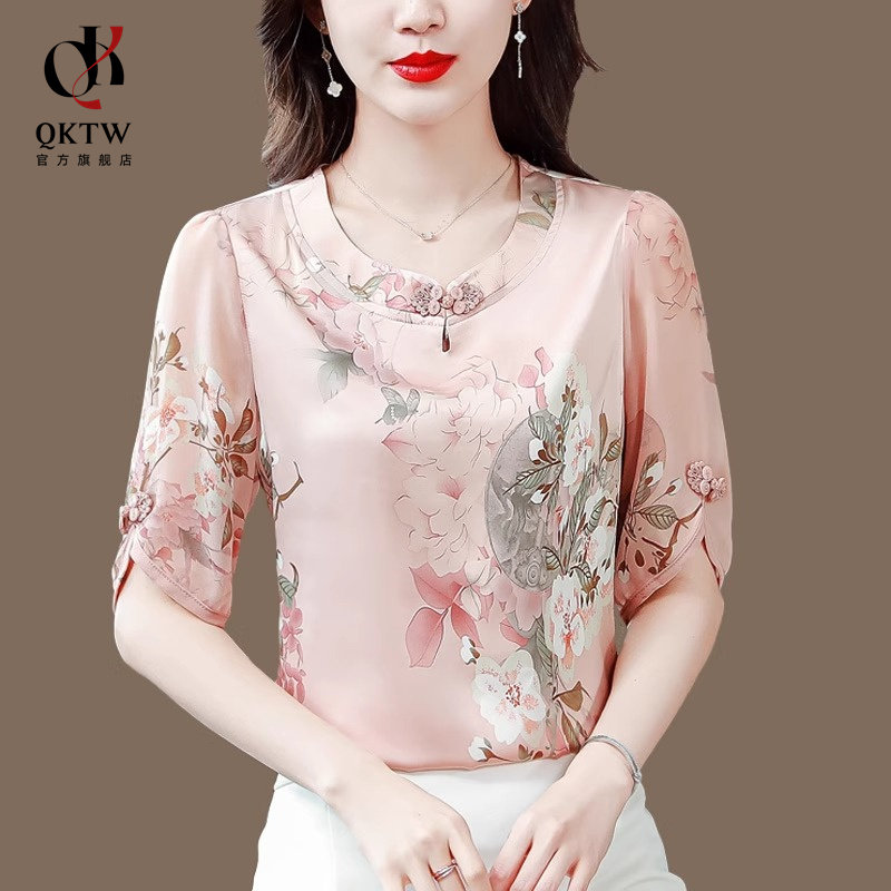 短袖t恤女夏季新款圆领舒适褶皱缎面凉感时尚宽松薄透气半袖上衣