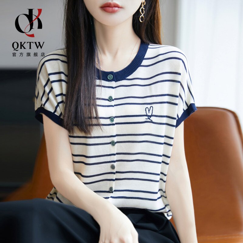 短袖t恤女2026夏季新款冰丝时尚圆领针织半袖高级感条纹刺绣上衣图片