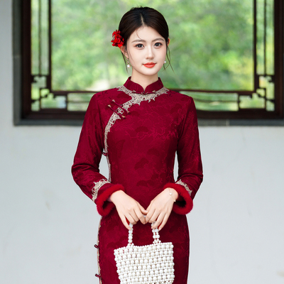 红色蕾丝旗袍2025年新款秋冬国风