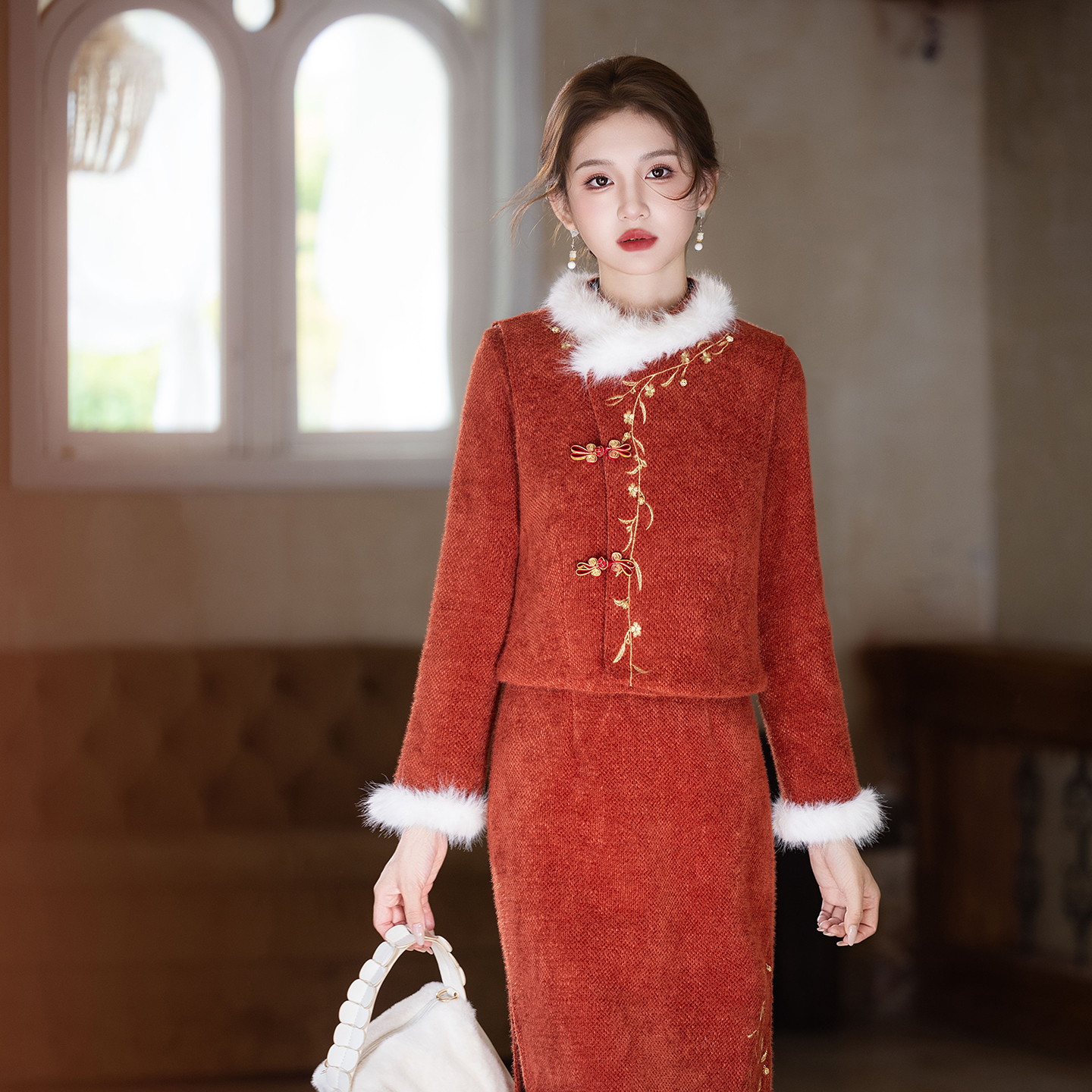 红色改良旗袍2025秋冬加厚套装女