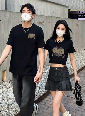 同色系情侣装t恤2026新款潮牌夏装设计感一长一短款纯棉短袖上衣