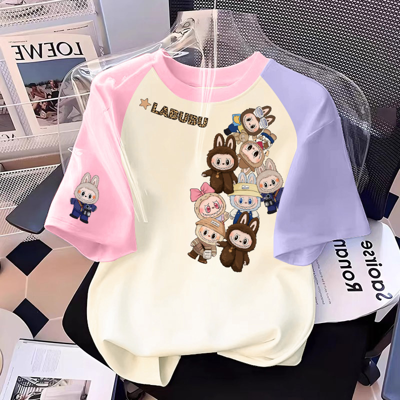 拉布布儿童短袖2025新款夏季纯棉T恤labubu男女孩中大童透气衣服