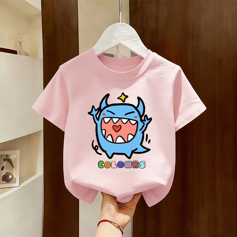 夏季卡通小怪兽粉色儿童短袖t恤纯棉2026新款中大童亲肤圆领上衣