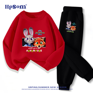 狐狸兔子红色儿童圆领卫衣套装两件朱迪尼克2026新款秋冬季男女孩