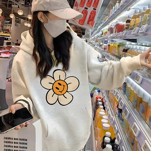 白灰色连帽卫衣女2026新款早秋花瓣设计减龄宽松加绒加厚帽衫上衣