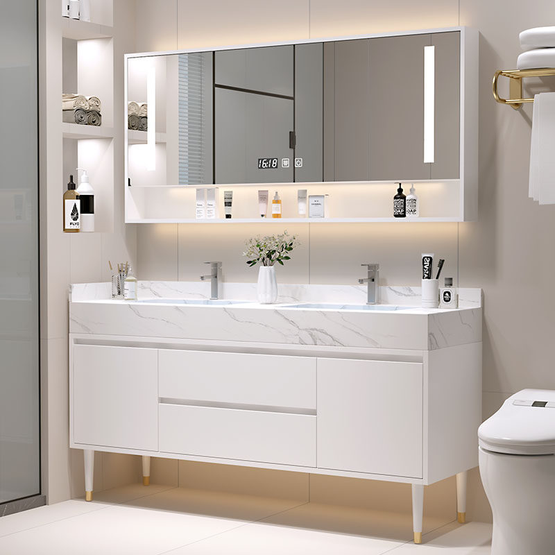 定制双盆洗脸盆柜组合简约落地柜奶油风浴室柜岩板陶瓷无缝洗手盆