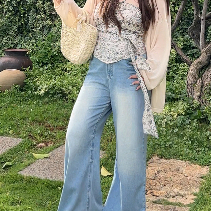 【火火】浅色阔腿牛仔裤女夏季薄款复古水洗垂坠高级感拖地直筒裤
