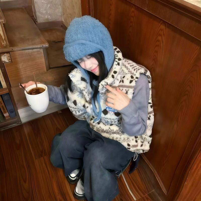 韩系氛围感羊羔毛雷锋帽女冬季加厚保暖防寒针织护耳帽飞行帽子潮