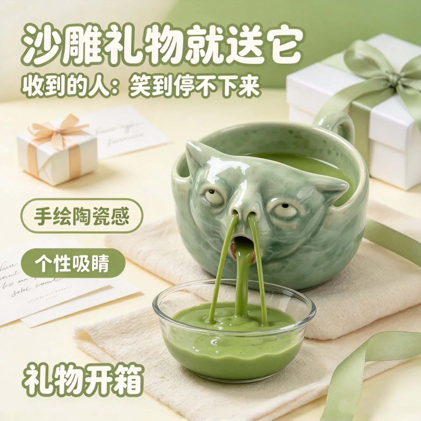 呕吐猫抹茶碗抽象搞怪无毛猫陶瓷碗创意恶趣味整蛊神器家用饮料碗