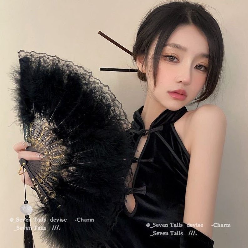 复古扇子夜毛绒拍照道具旗袍羽毛扇蕾丝民国舞蹈新款古风上海折扇