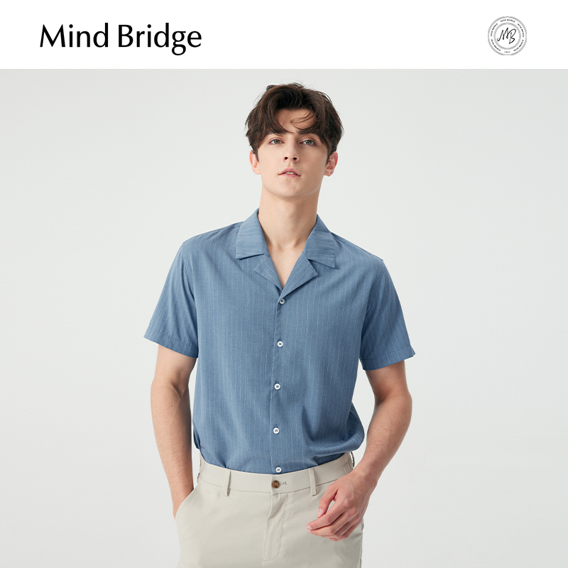 Mind Bridge夏季短袖条纹衬衫商务休闲衬衣男士复古翻领通勤上衣