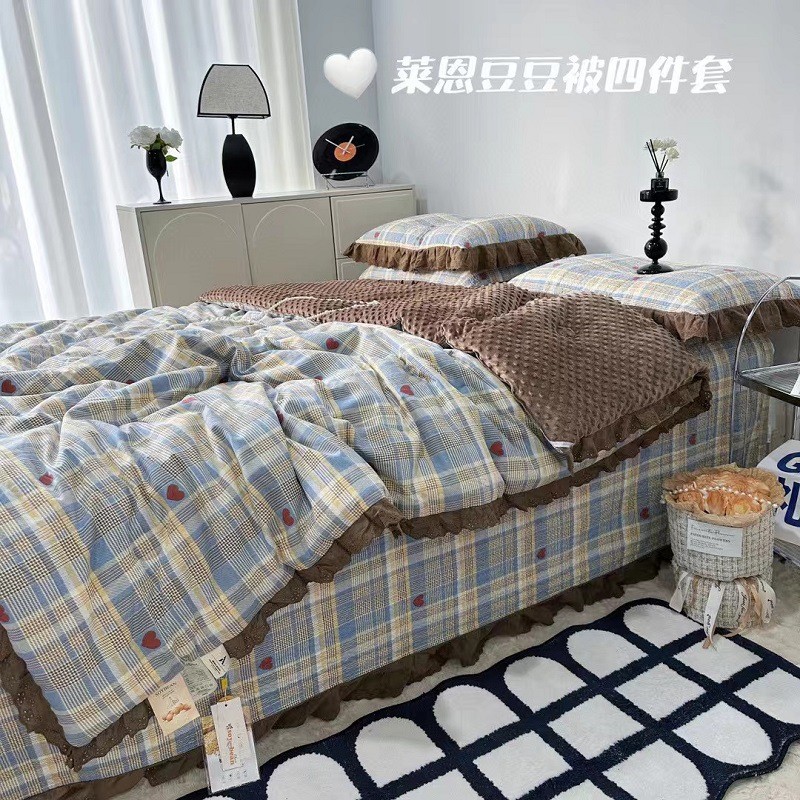 2024秋冬新款法式全棉榻榻米绗缝棉花床盖豆豆被四件套花边炕盖++