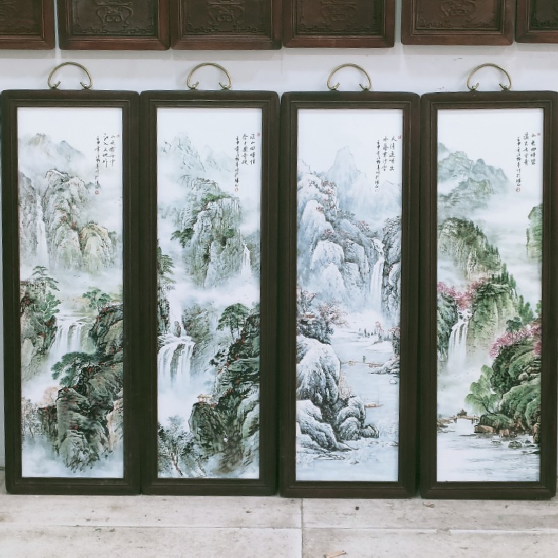 景德镇陶瓷瓷板画中式粉彩手绘陶瓷四条屏春夏秋冬瓷板画