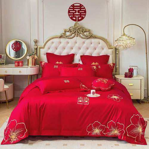 新中式婚庆长绒棉四件套婚礼床上用品红色结婚被套床单婚房六套件