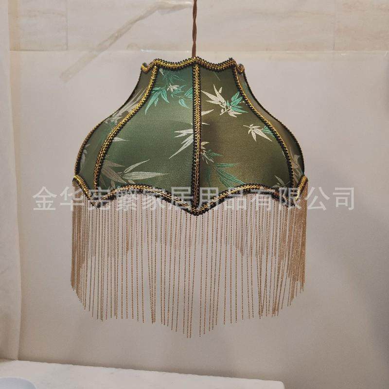 单卖灯罩法式复古加长链条流苏吊珠吊灯布艺金边灯罩台灯竹叶通用