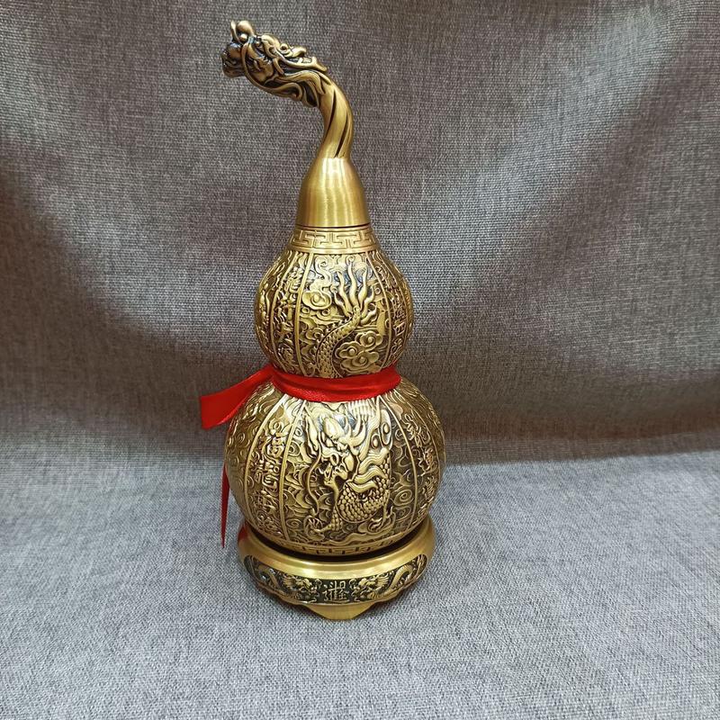 家居摆件五龙转转葫芦摆件铜工艺品铜摆件龙头开口葫芦可旋转黄铜