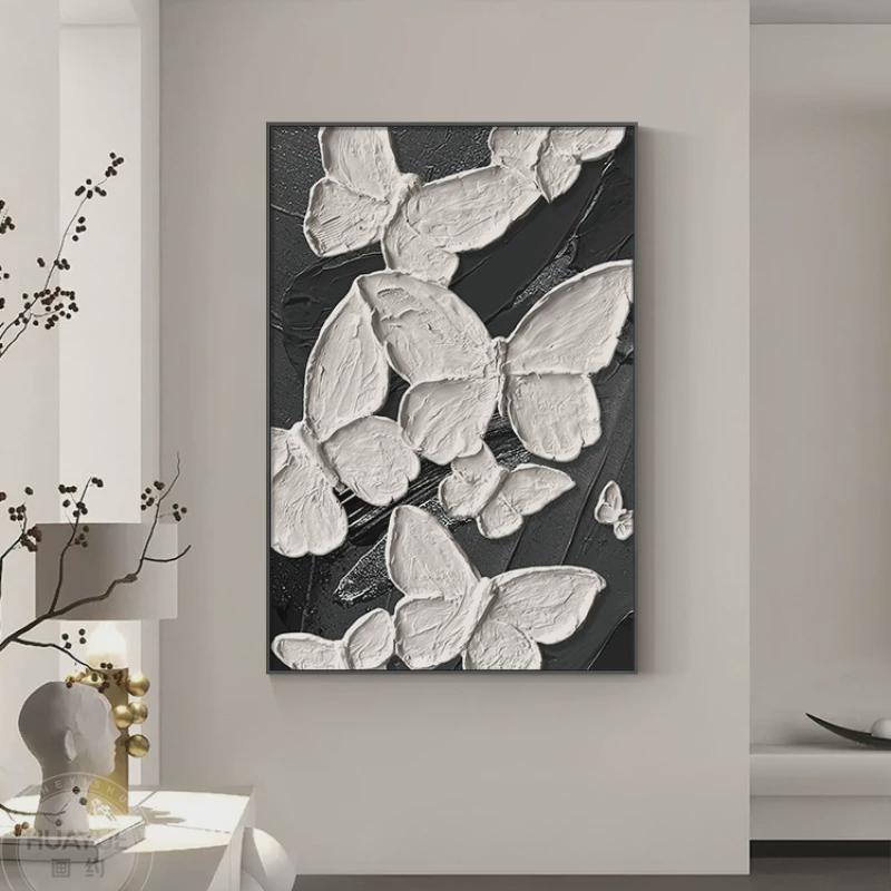 黑白蝴蝶客厅装饰画极简现代简约沙发背景墙挂画立体肌理玄关壁画图片