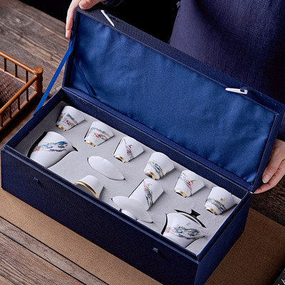 轻奢高端羊脂玉白瓷薄胎插画茶具套装礼品绘茶艺盖碗茶杯一路高升