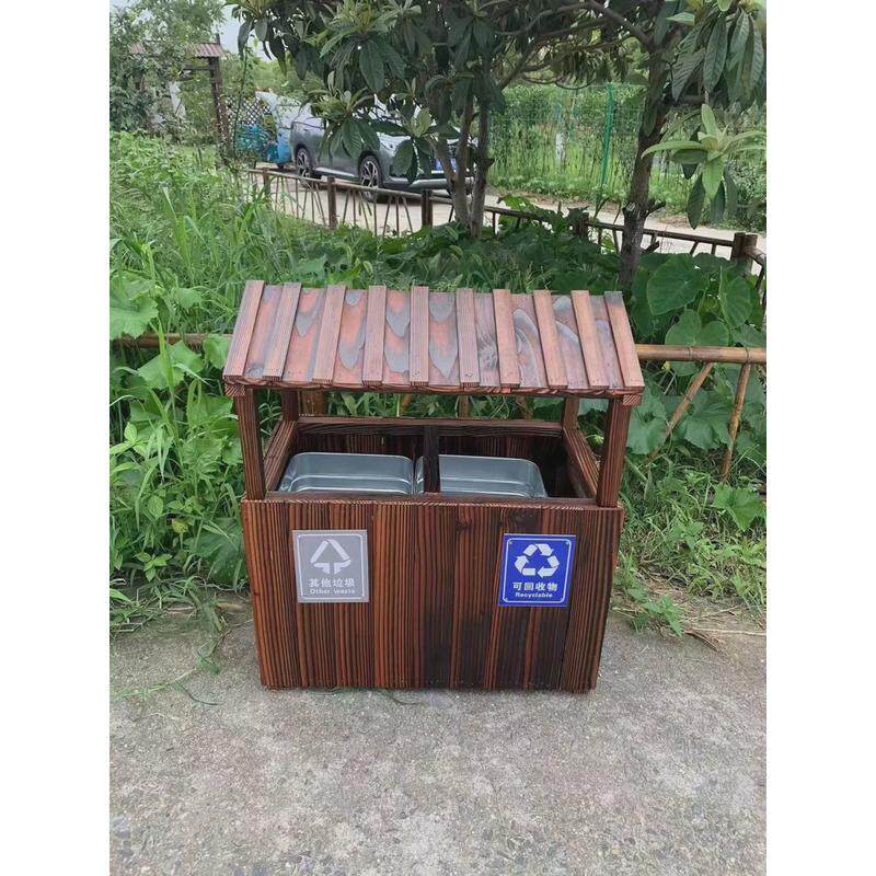 防腐木垃圾桶景区实木垃圾桶公园木质垃圾分类箱户外复古木垃圾桶