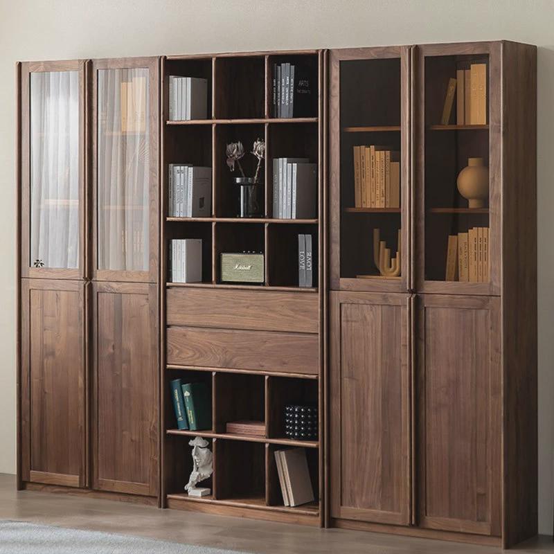 现代简约实木书柜组合北欧书房家具原木黑胡桃木书架玻璃门储物柜