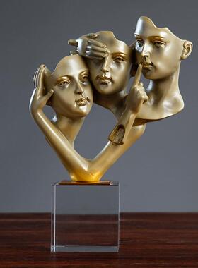 北欧创意人物头像听装饰品摆件客厅办公室雕工艺品不说不雕塑不看