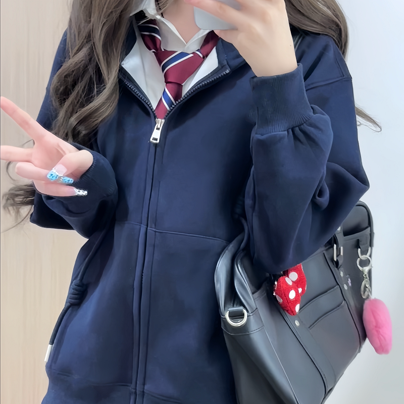 藏青宽松连帽女学生春秋百搭酒红加厚拉链开衫浅灰jk