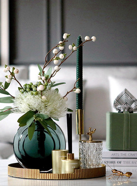 组合墨绿玻璃花瓶仿真花艺套餐样板间设计师托盘香薰现代简约摆件