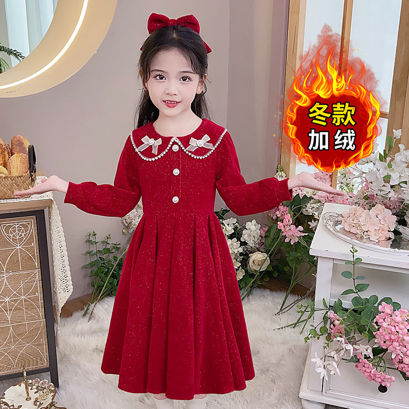 冬季加厚2024新款加绒儿童红色冬装女宝宝新年装