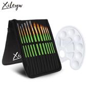 12支棕色尼龙毛油画颜料水彩水粉丙烯画笔套装 笔包调色盘