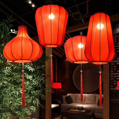 新中式弹力布艺红色吊灯餐厅火锅店婚礼走廊装饰灯笼异形制作