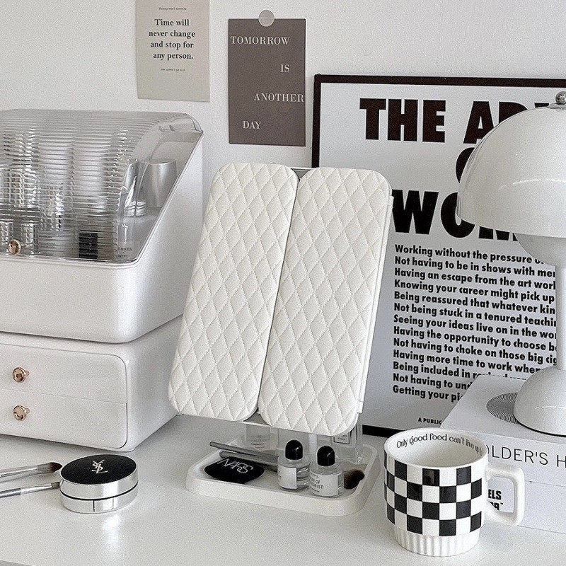 led镜子化妆镜收纳盒二合一体贝壳三面折叠梳妆镜可调节台式仙女