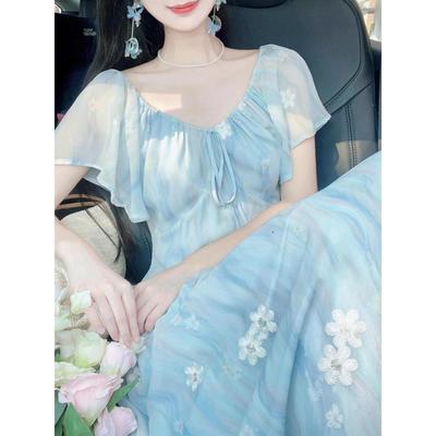 大码法式小清新蓝色碎花裙超好看连衣裙女夏季微胖mm绝美精致裙子