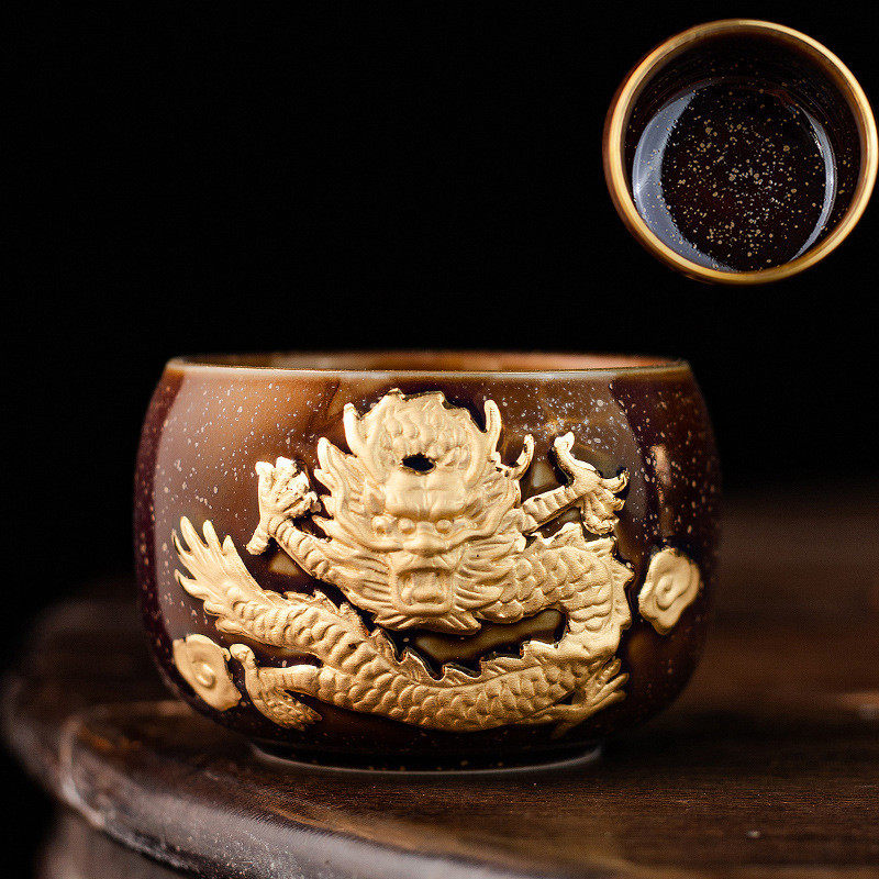 建盏浮雕龙鎏金主人杯茶杯陶瓷品茗杯手工个人专用描金红色茶盏