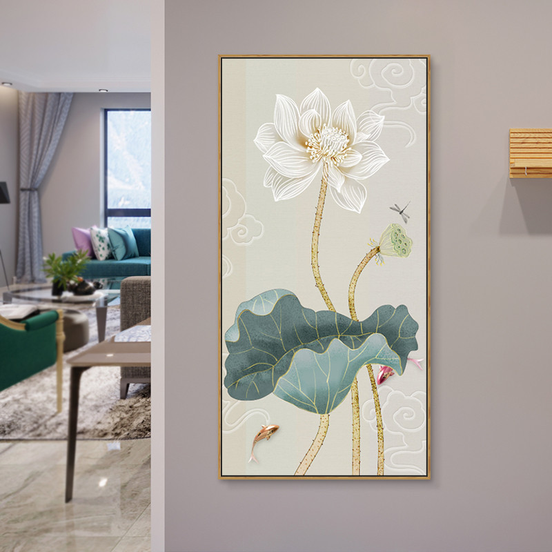 荷花新中式玄关装饰画竖版过道走廊客厅挂画禅意入户进门壁画招财图片