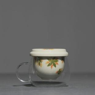茶水分离杯玻璃耐热泡茶杯带盖果绿家用手绘水杯家用喝茶茶杯
