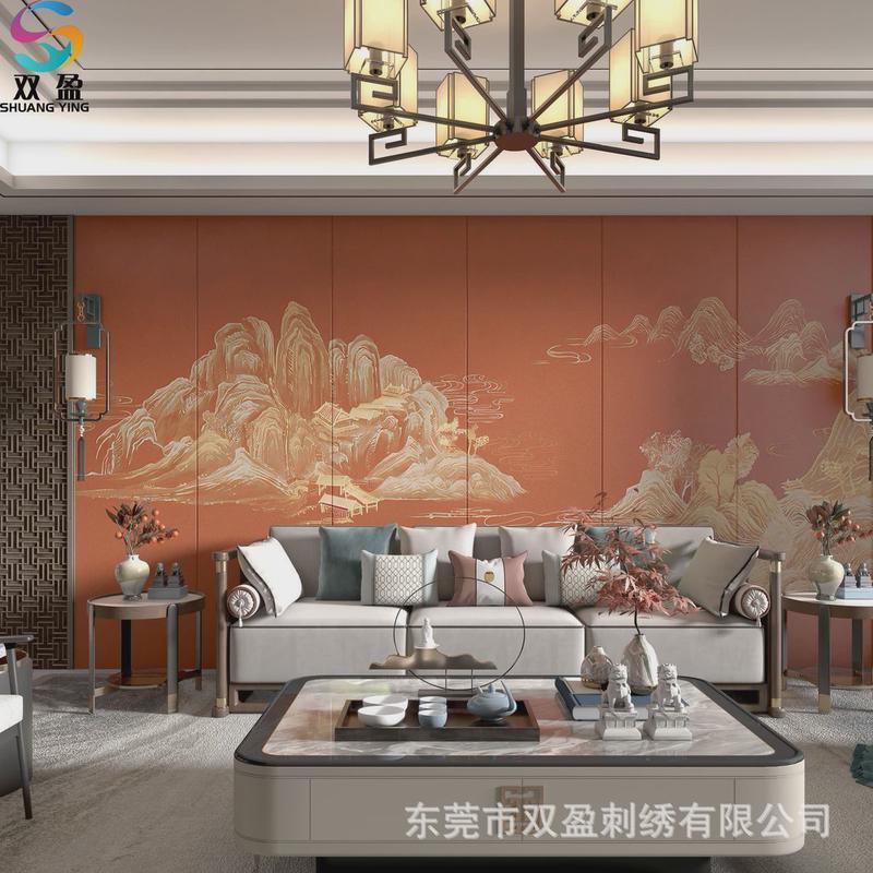 网红立体珠绣皮革刺绣壁画硬包山水国潮背景北欧双面绣屏风装饰画图片