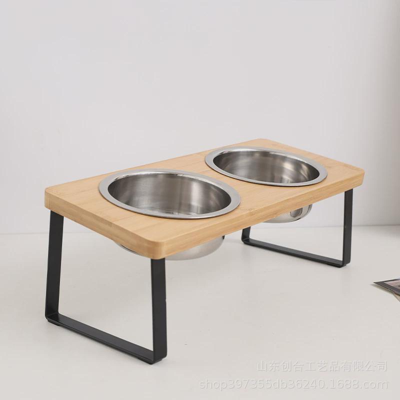 落地双碗式宠物碗架现货铁艺高脚小狗饮水架木质猫碗架宠物喂食器