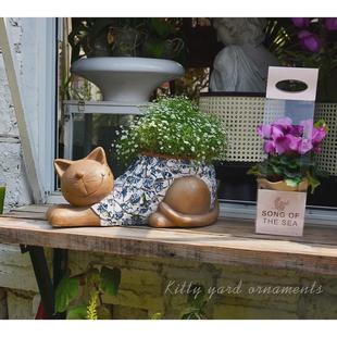 花盆创意青花小猫咪庭院摆件花盆阳台可爱动物造景装 创意日式 饰品