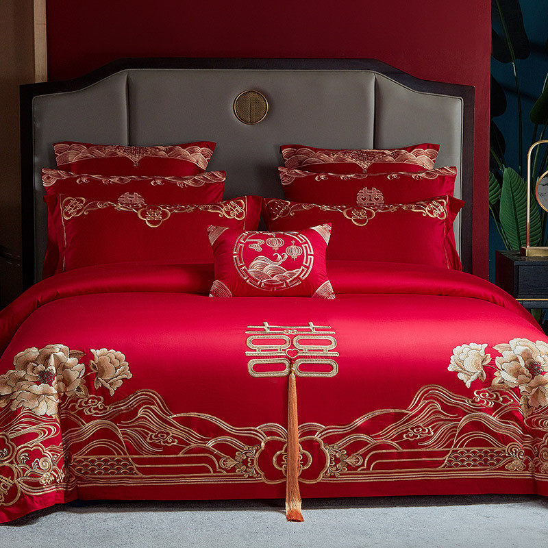 结婚四件套全棉床单被罩红色中式长绒棉陪嫁喜被婚庆床上用品套件,床上用品,婚庆床品套件,淘宝优惠券,粉丝福利购,淘宝优惠卷