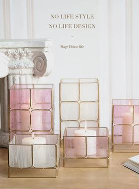 厂家直销铜色中号方格怀旧风白色粉色玻璃风灯蜡烛防风烛台摆件