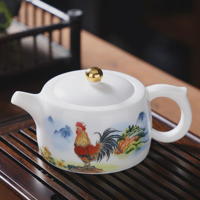 手绘瑜金鸡报晓茶壶大容量井栏壶金壶宋生肖鸡家用羊脂玉瓷泡茶壶