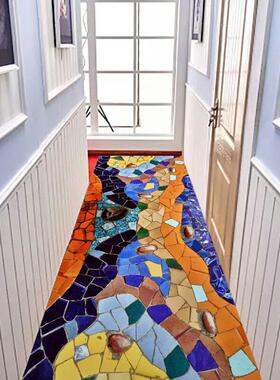 数码印花复古黄蓝色块3D拼接走廊毯玄关长条毯床边地毯地垫