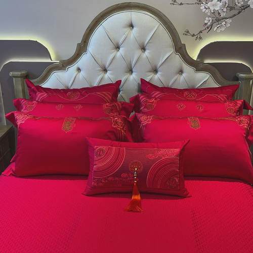 九喜红色婚庆家纺狐被套结婚床上用品备婚四件套100全棉婚房布置