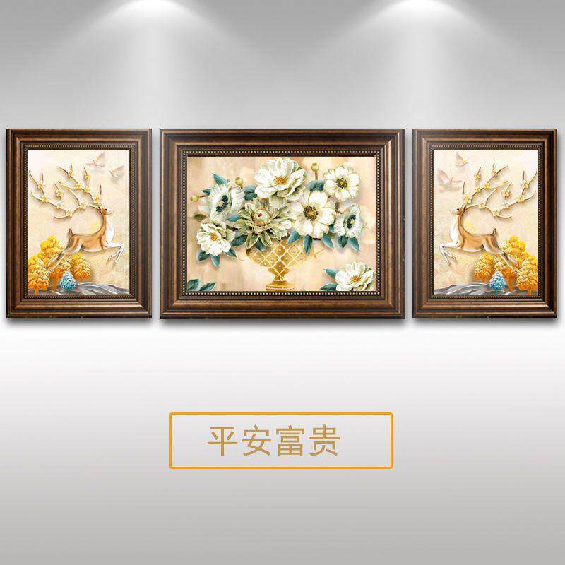 美式客厅装饰画沙发背景墙挂画手绘油画欧式三联画轻奢壁画高级感