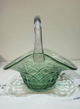 简约清爽手工琉璃提篮花瓶摆件餐桌插花水培花器家居软装饰品桌面