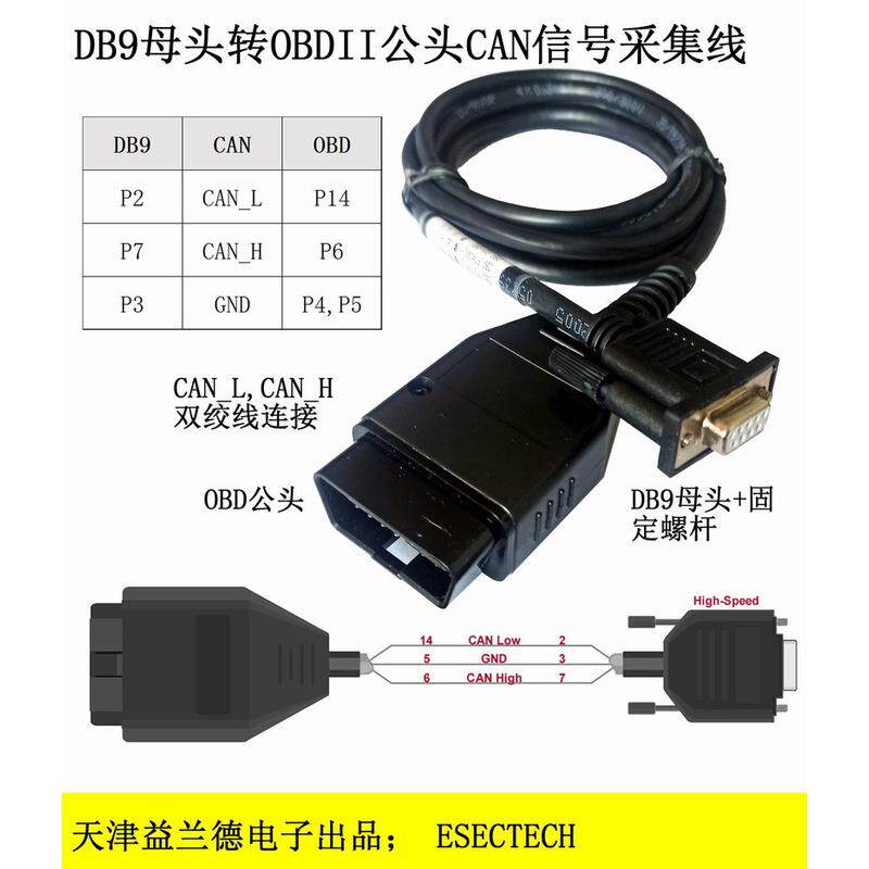 CAN总线OBDII公头转接DB9母头单路数据采集线；线序可以自己定义图片
