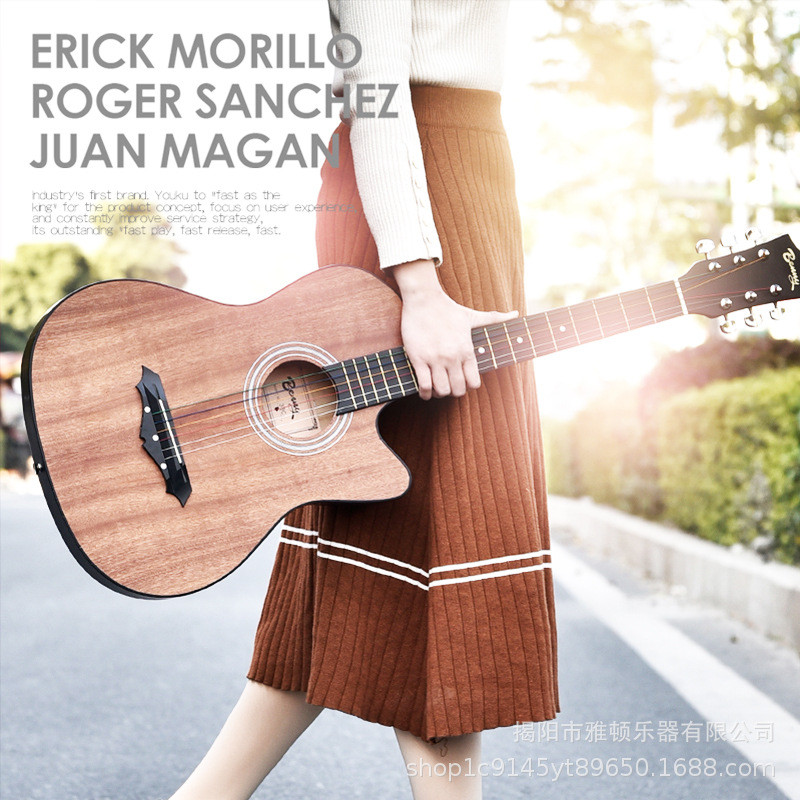 热销（可入门贴标）38寸沙比利民谣吉他初学者学生男女代工练习木