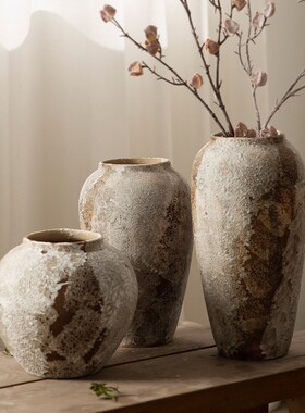 复古新中式陶罐侘寂风做旧装饰品摆件玄关电视柜插花水培陶瓷花瓶