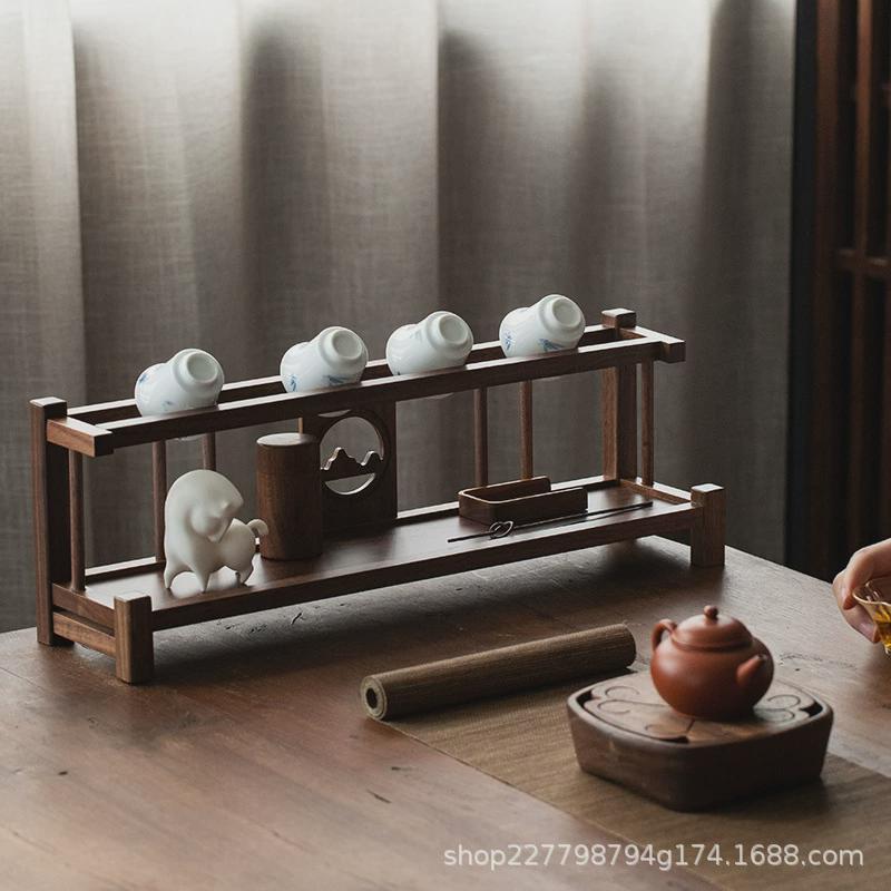 黑胡桃木置物架茶具收纳架茶杯架子实木桌面茶桌置物架小型多宝阁
