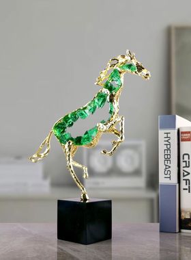 轻奢紫水晶骏马大理石底座工艺品摆件客厅玄关书房创意装饰品批发
